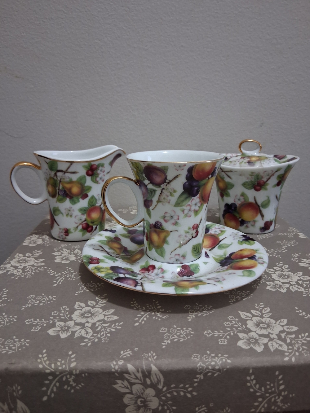 Fruit Pattern Porcelain Tea Set - Gold Trim